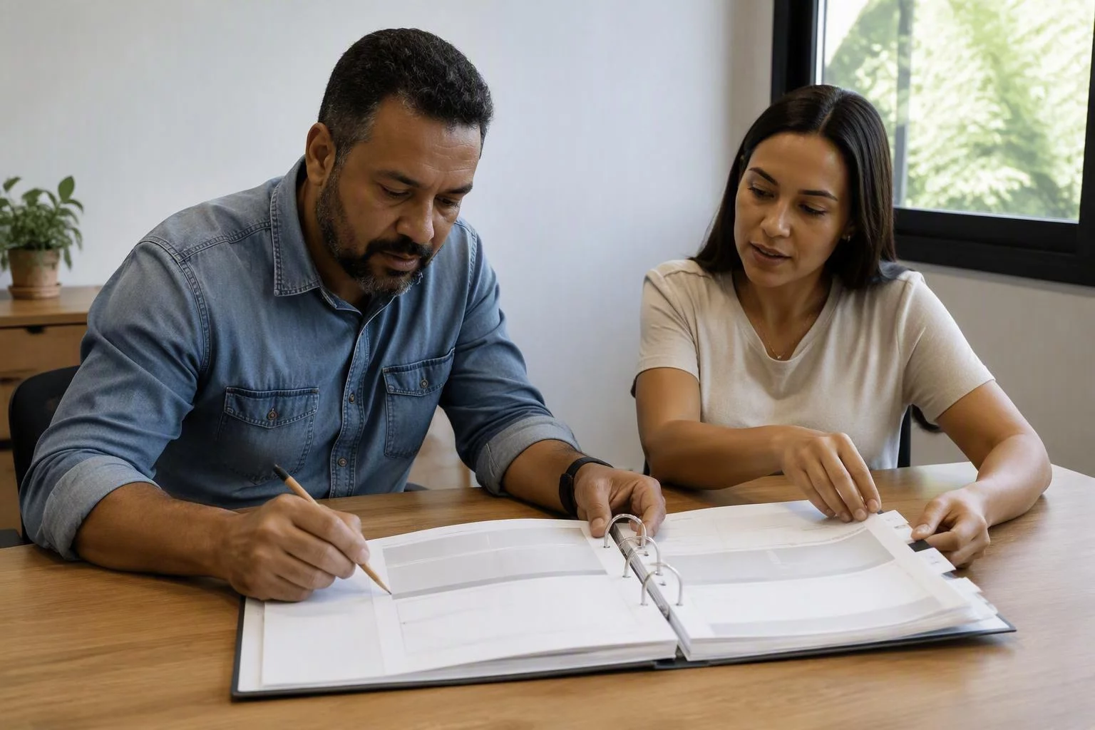 Duas pessoas revisando o manual de operação impresso sobre a mesa