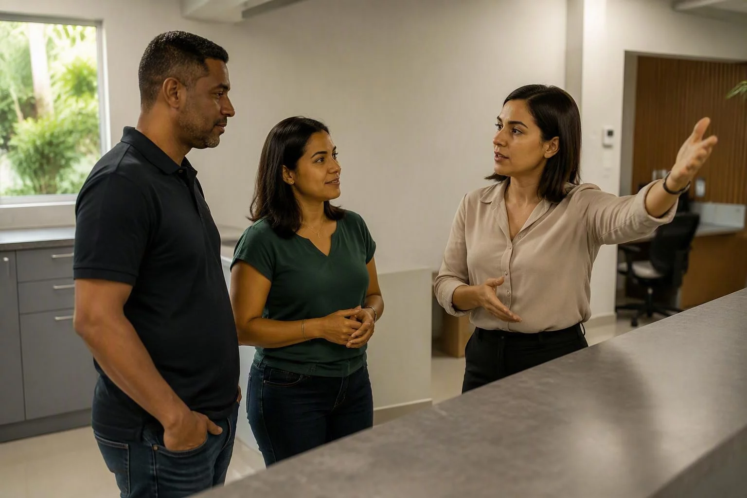 Fundadora explicando o padrão da unidade para dois interessados